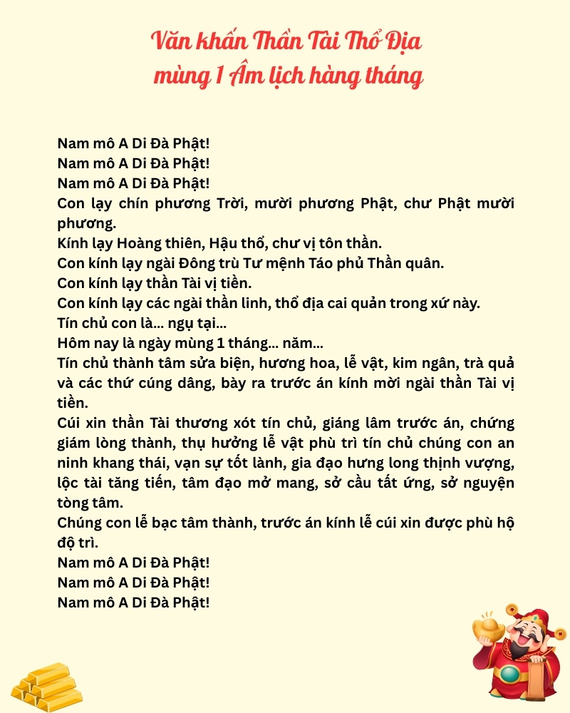 Văn khấn Thần Tài mùng 1 ngày rằm
