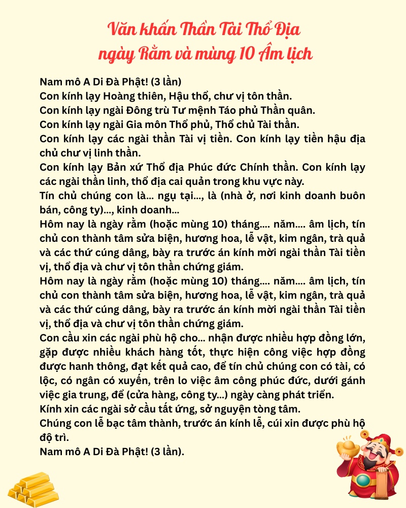 Văn khấn Thần Tài ngày rằm và mùng 10 Âm lịch mỗi tháng