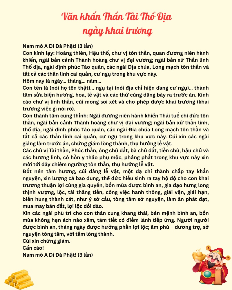Văn khấn cúng Thần Tài Thổ Địa lúc khai trương